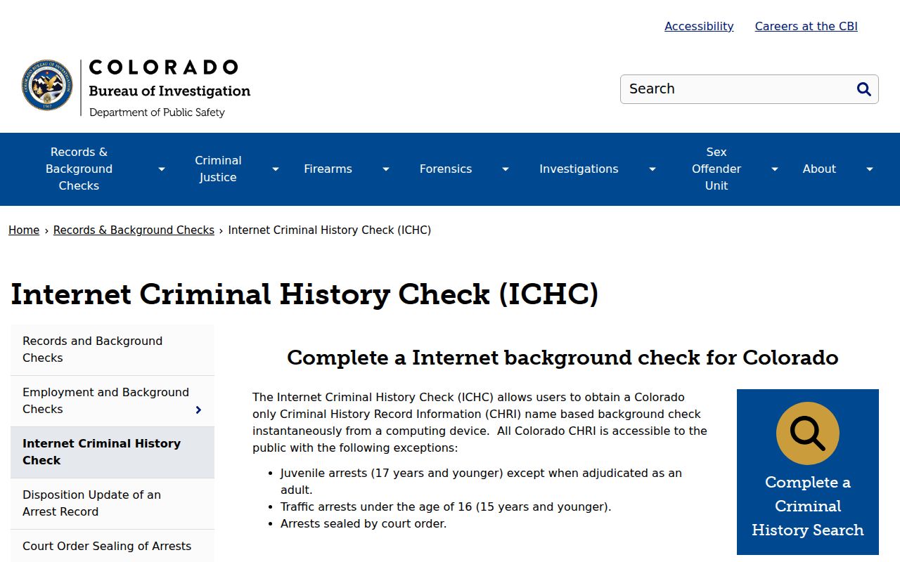 Colorado Bureau of Investigation Internet Criminal History Check page