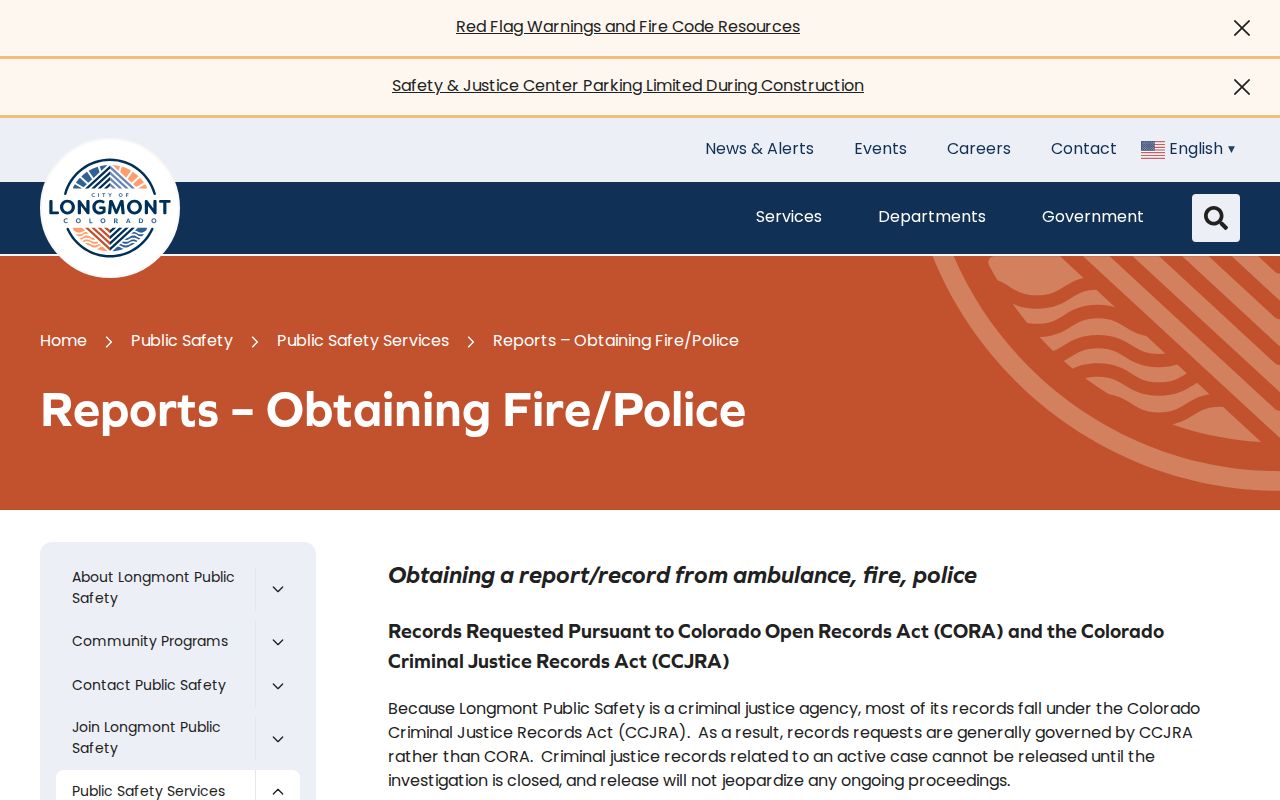 Longmont criminal records page for police and fire reports
